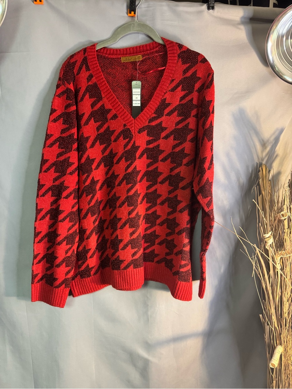 Belldini Red and Black Houndstooth V-Neck Sweater